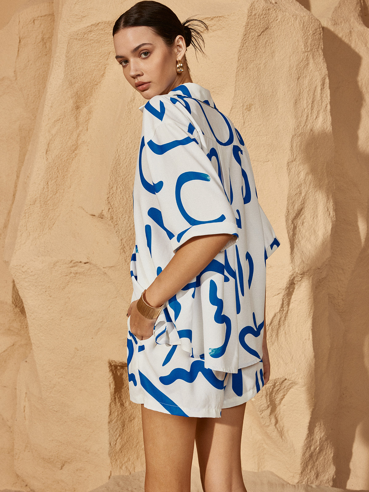 Print Drawstring Shift Shorts Set - Chic Rio