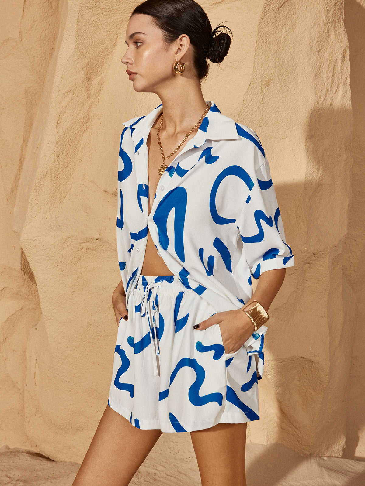 Print Drawstring Shift Shorts Set - Chic Rio