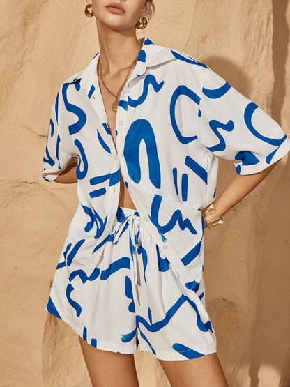 Print Drawstring Shift Shorts Set - Chic Rio