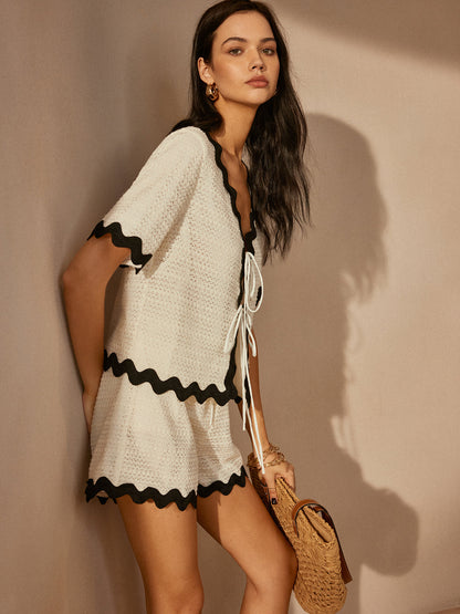 Contrast Trim V-Neck Shorts Set - Chic Rio