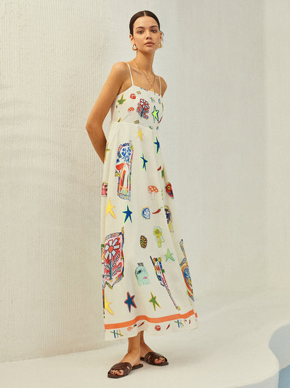 Adjustable Strap Print Dress With Pockets - Chic Rio