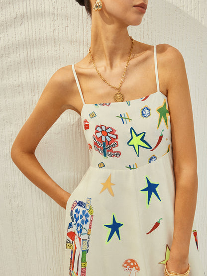 Adjustable Strap Print Dress With Pockets - Chic Rio