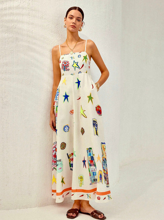 Adjustable Strap Print Dress With Pockets - Chic Rio