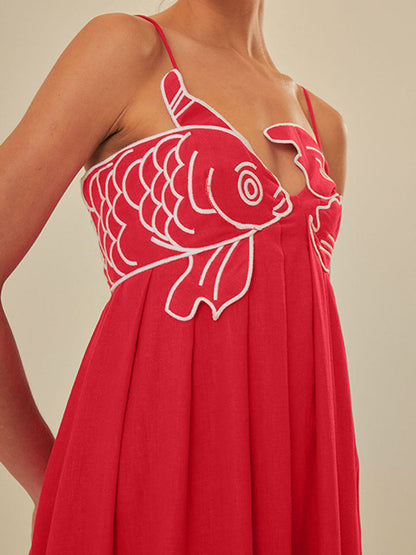 Embroidered Fish Semi-Sheer Cami Dress - Chic Rio
