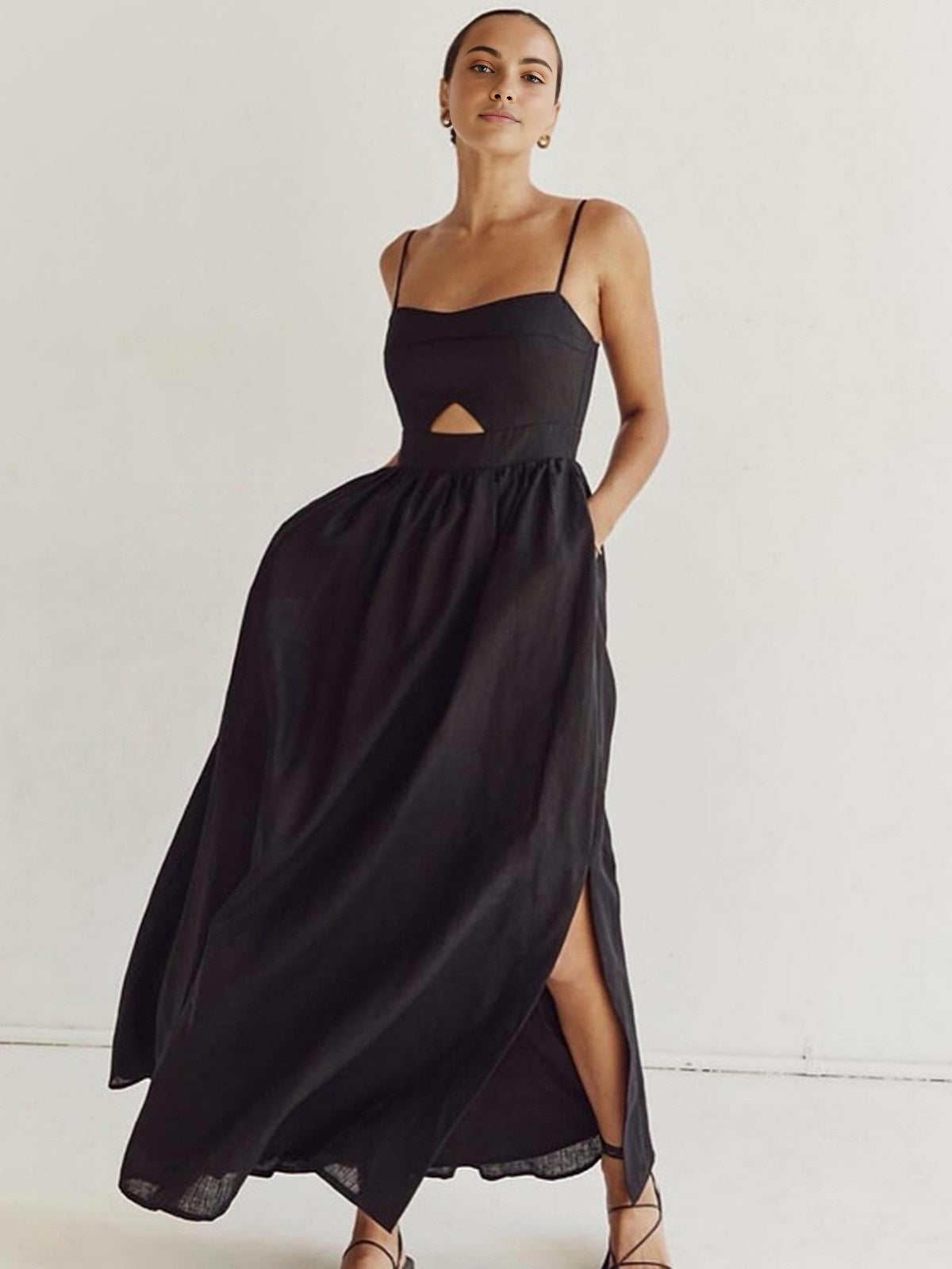 Cotton Sleeveless Pockets Cutout Long Dress - Chic Rio