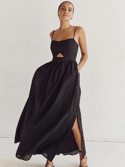 Cotton Sleeveless Pockets Cutout Long Dress - Chic Rio