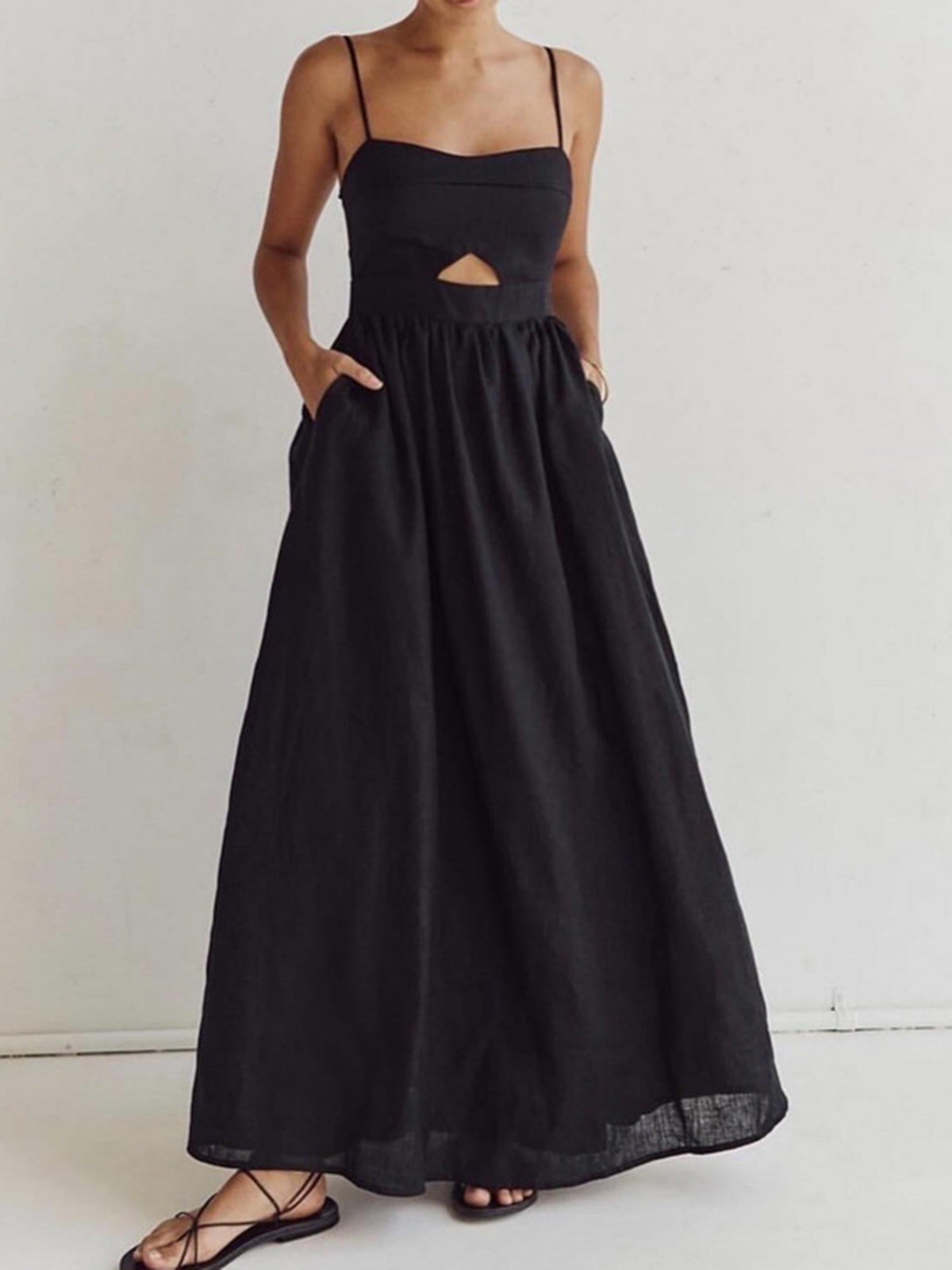 Cotton Sleeveless Pockets Cutout Long Dress - Chic Rio
