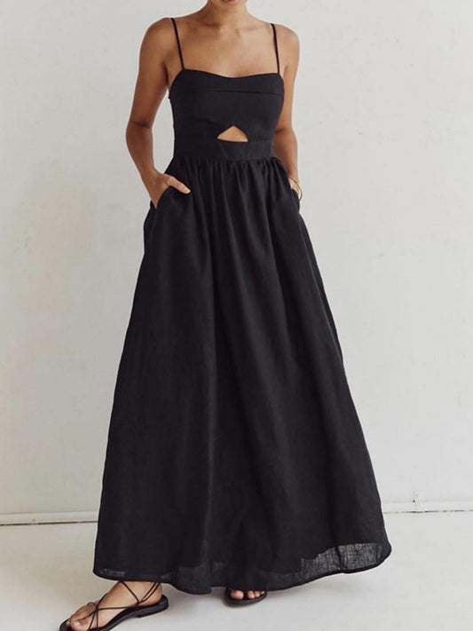Cotton Sleeveless Pockets Cutout Long Dress - Chic Rio
