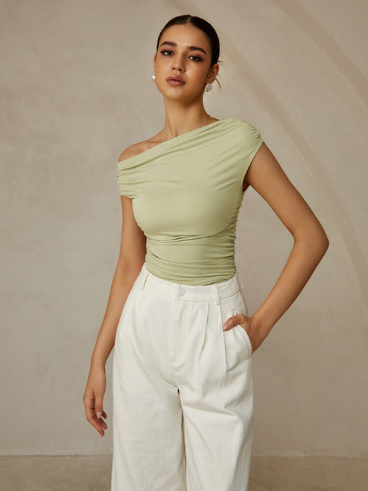 Asymmetrical Neck Sleeveless T-Shirt - Chic Rio