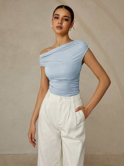 Asymmetrical Neck Sleeveless T-Shirt - Chic Rio