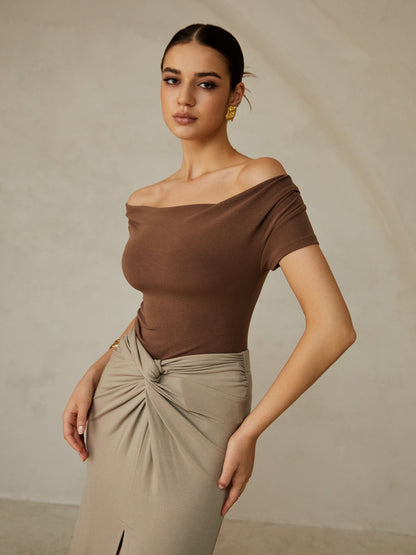 Off-Shoulder Pleated T-Shirt - Chic Rio
