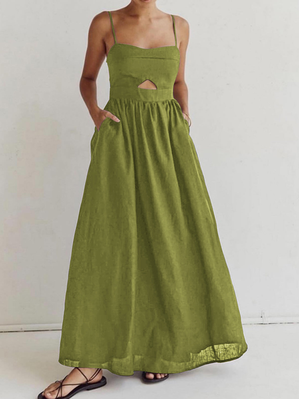 Cotton Sleeveless Pockets Cutout Long Dress - Chic Rio