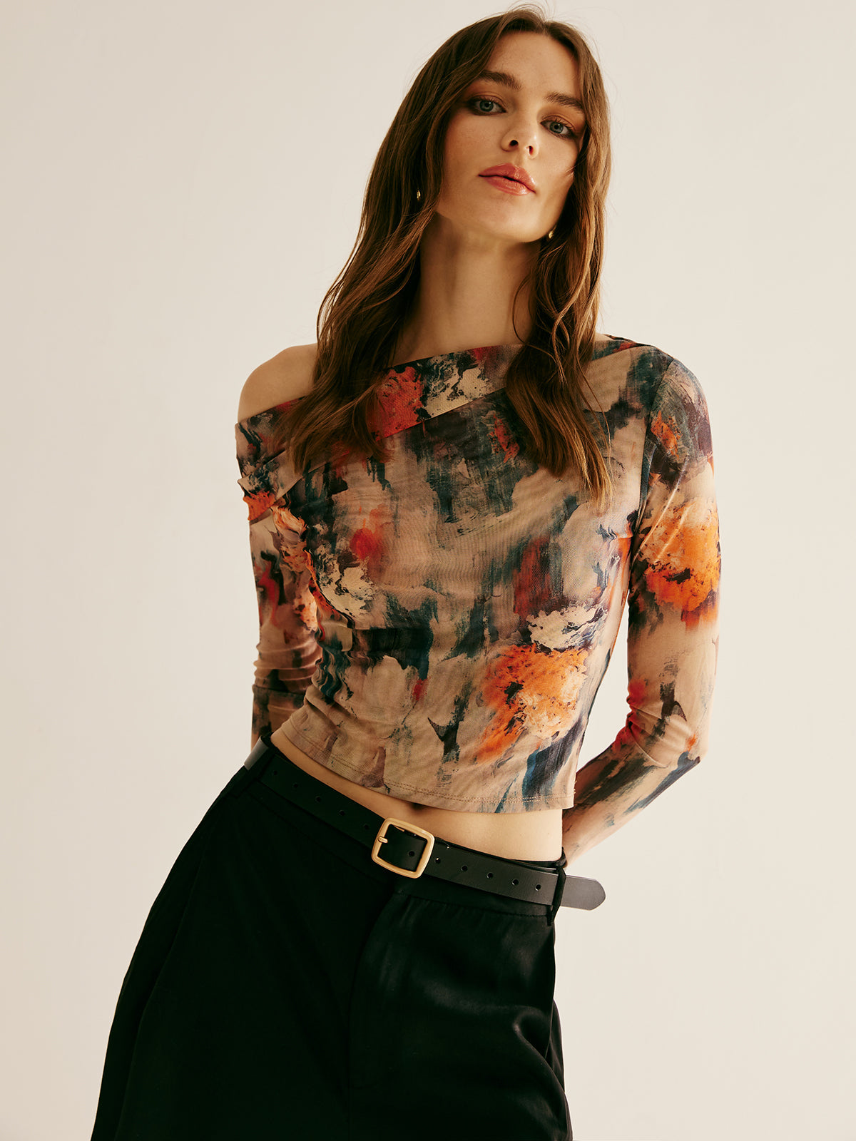 Retro Asymmetrical Collar Crop T-Shirt - Chic Rio