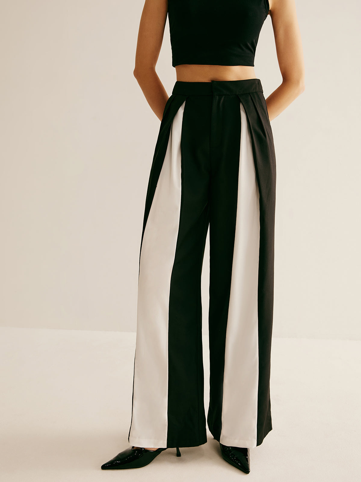 Pleated Patchwork Wide-Leg Pants - Chic Rio