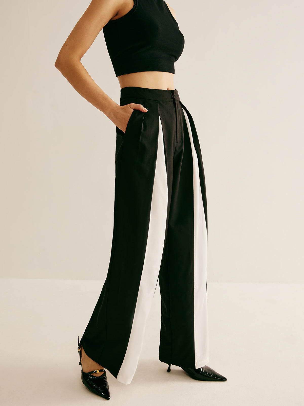 Pleated Patchwork Wide-Leg Pants - Chic Rio