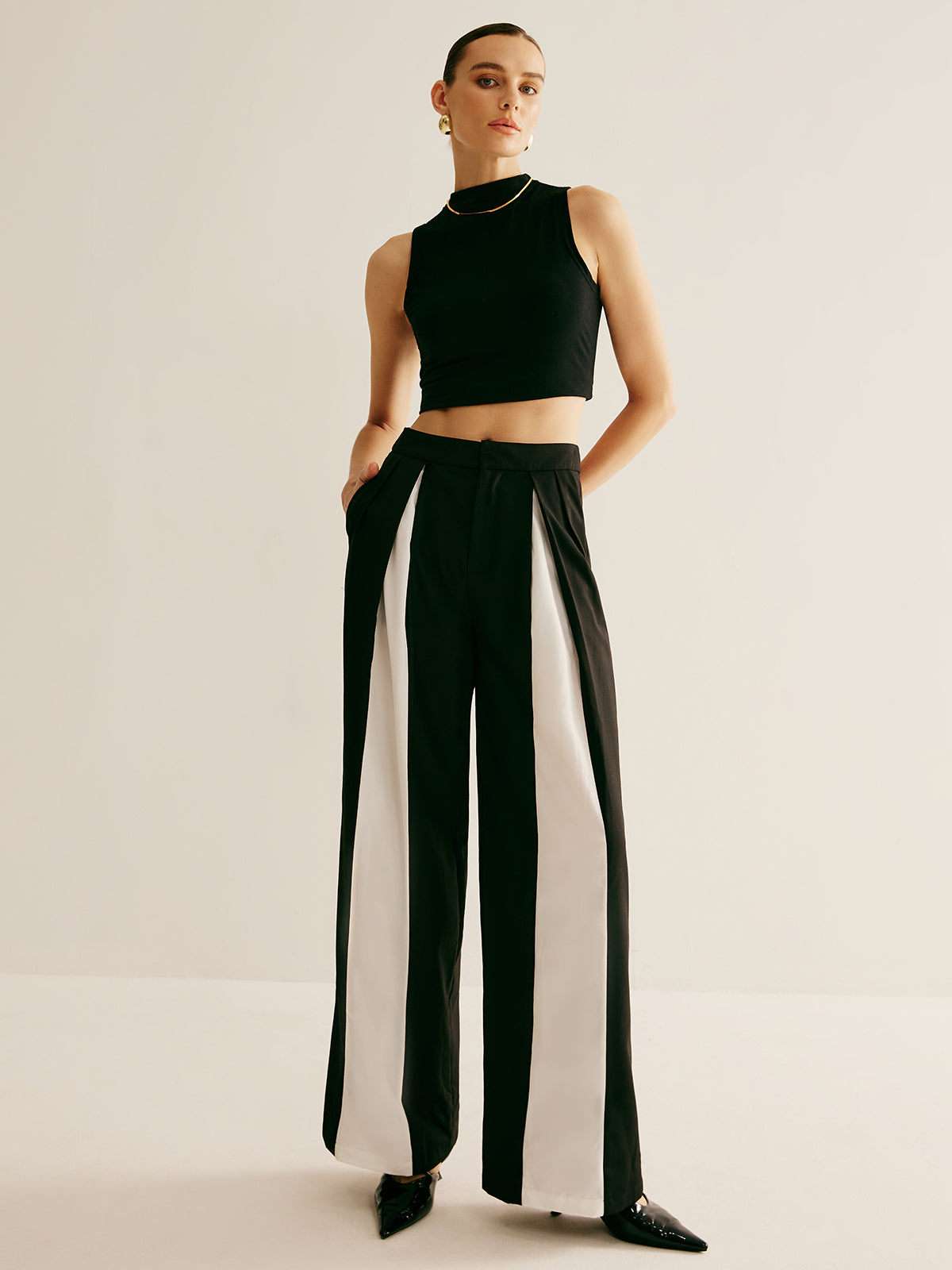 Pleated Patchwork Wide-Leg Pants - Chic Rio