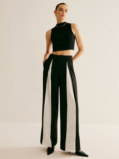 Pleated Patchwork Wide-Leg Pants - Chic Rio