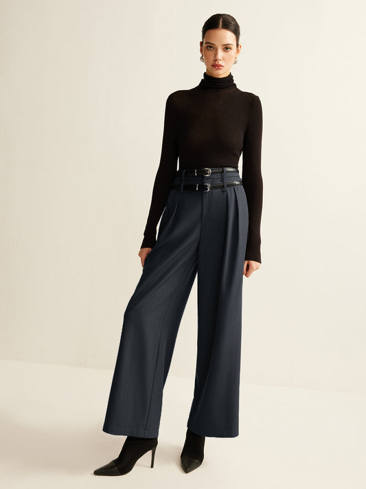 Double-Belt Pleated Straight Pants - Chic Rio