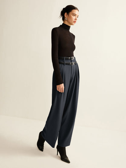 Double-Belt Pleated Straight Pants - Chic Rio
