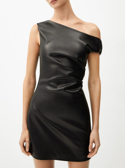 Asymmetrical Cold-Shoulder PU Leather Dress - Chic Rio