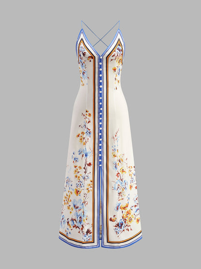 Casual Floral Printed Halter Long Dress - Chic Rio