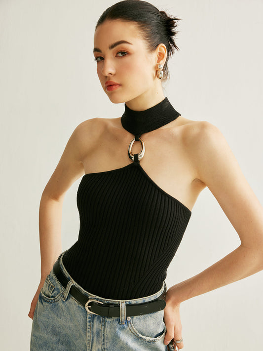 Ring Detail Ribbed Halter Top - Chic Rio