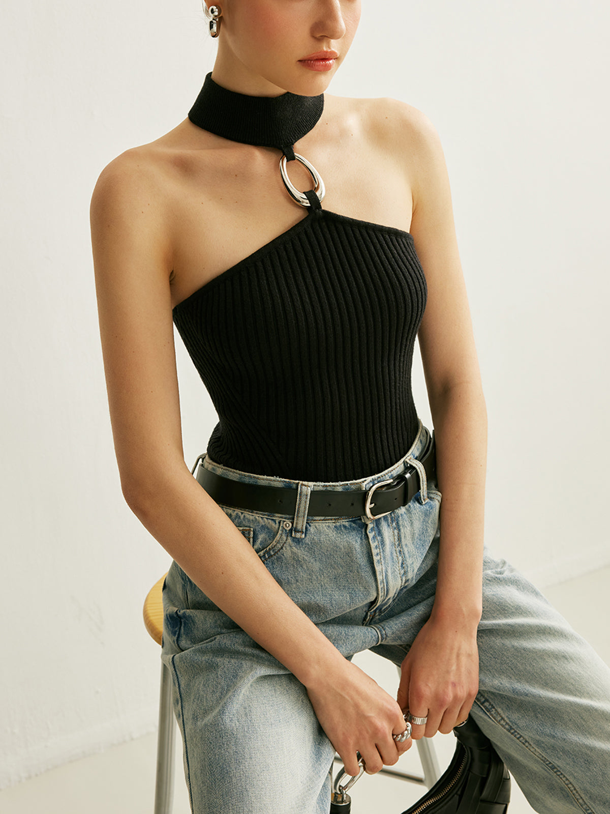 Ring Detail Ribbed Halter Top - Chic Rio