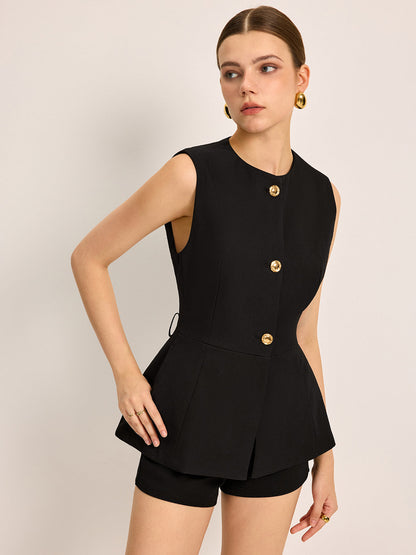 Button Detail Pockets Top With Belt - Chic Rio
