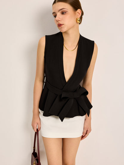 Belted V-Neck Sleeveless Top - Chic Rio