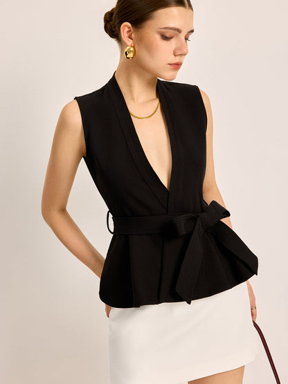 Belted V-Neck Sleeveless Top - Chic Rio