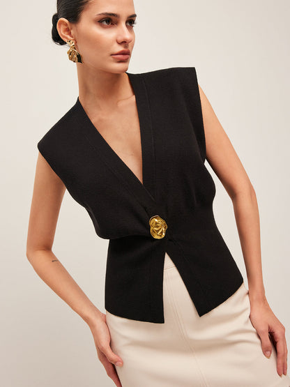 V-Neck Buttoned Detail Sweater Vest - Chic Rio