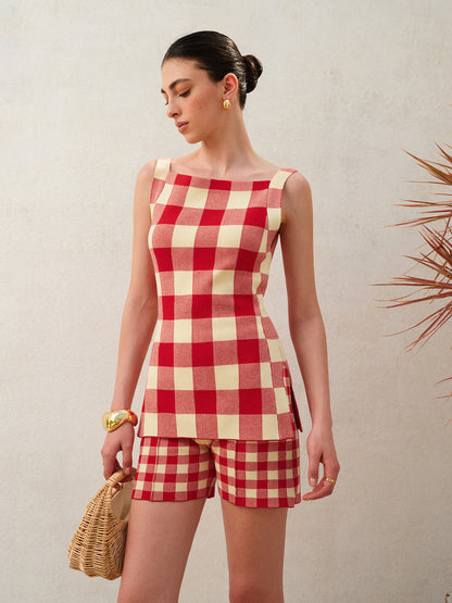 Checkerboard Sleeveless Knit Shorts Set - Chic Rio