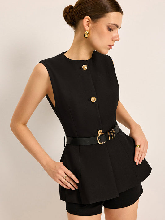 Button Detail Pockets Top With Belt - Chic Rio