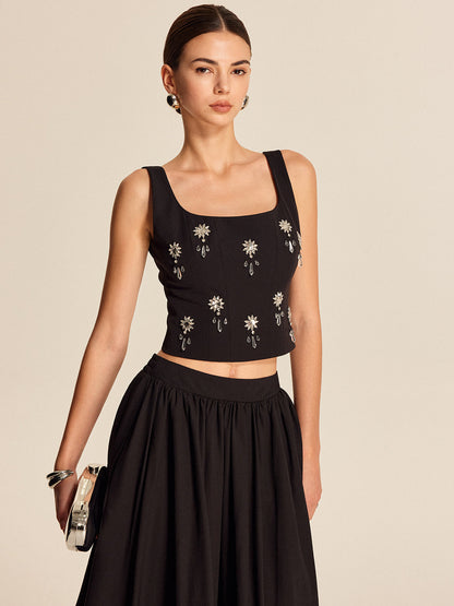 Floral Crystal Back Zipper Top - Chic Rio