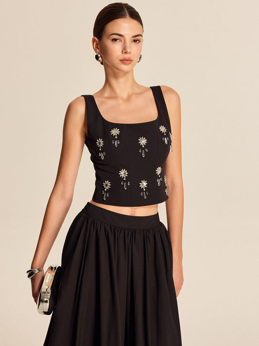Floral Crystal Back Zipper Top - Chic Rio