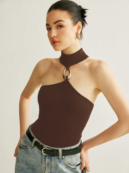Ring Detail Ribbed Halter Top - Chic Rio