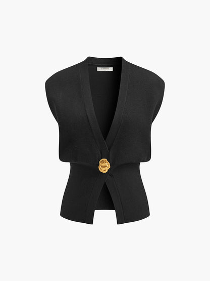 V-Neck Buttoned Detail Sweater Vest - Chic Rio