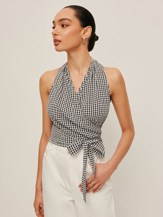 Gingham Halter Wrap Top - Chic Rio