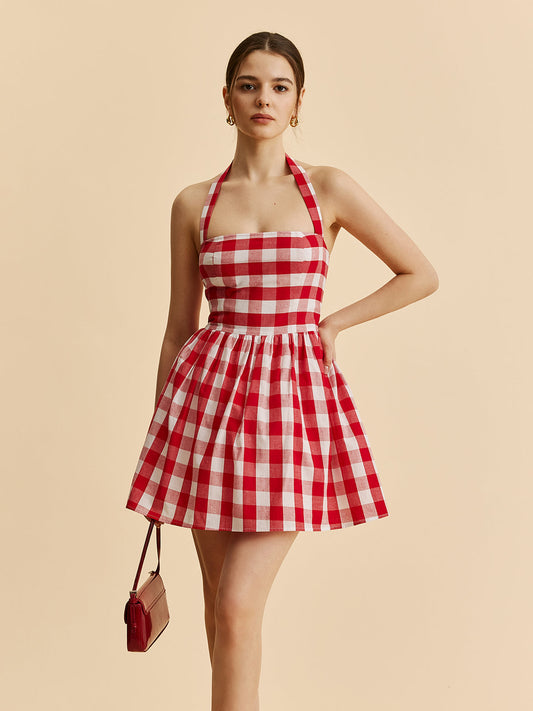 Plaid Halter Flare Dress - Chic Rio