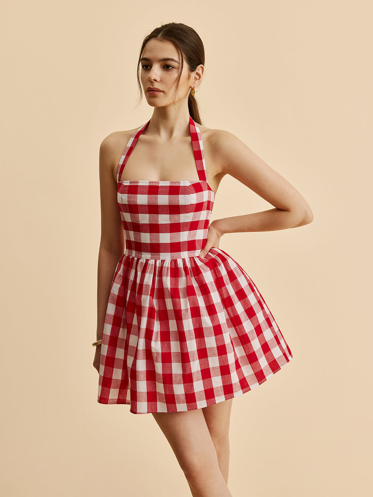 Plaid Halter Flare Dress - Chic Rio