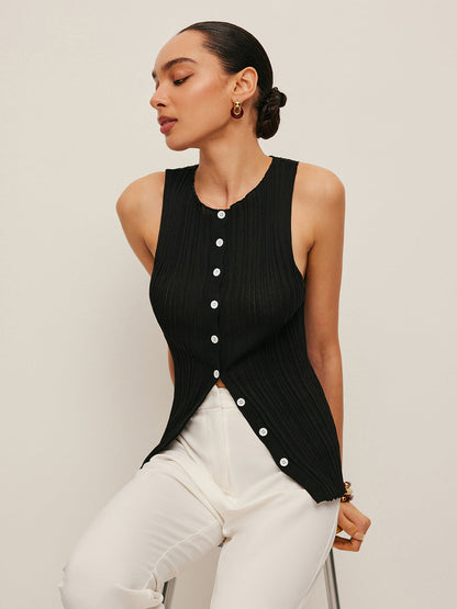 Sleeveless Ribbed Button-Front Top - Chic Rio
