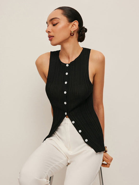 Sleeveless Ribbed Button-Front Top - Chic Rio