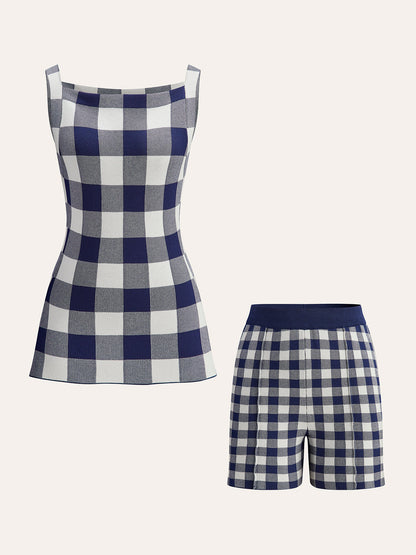 Checkerboard Sleeveless Knit Shorts Set - Chic Rio