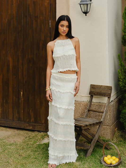 Smocked Halter Crop Top With Tiered Skirt Set - Chic Rio