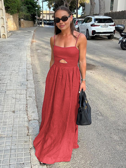 Cotton Sleeveless Pockets Cutout Long Dress - Chic Rio