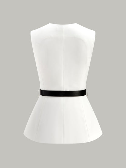 Button Detail Pockets Top With Belt - Chic Rio