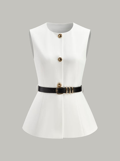 Button Detail Pockets Top With Belt - Chic Rio