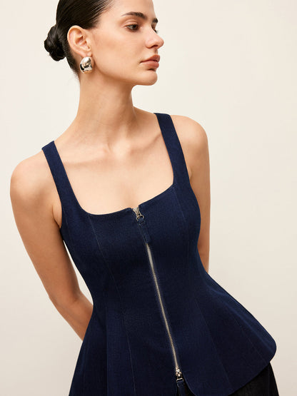 Zip-Front Denim Peplum Top - Chic Rio