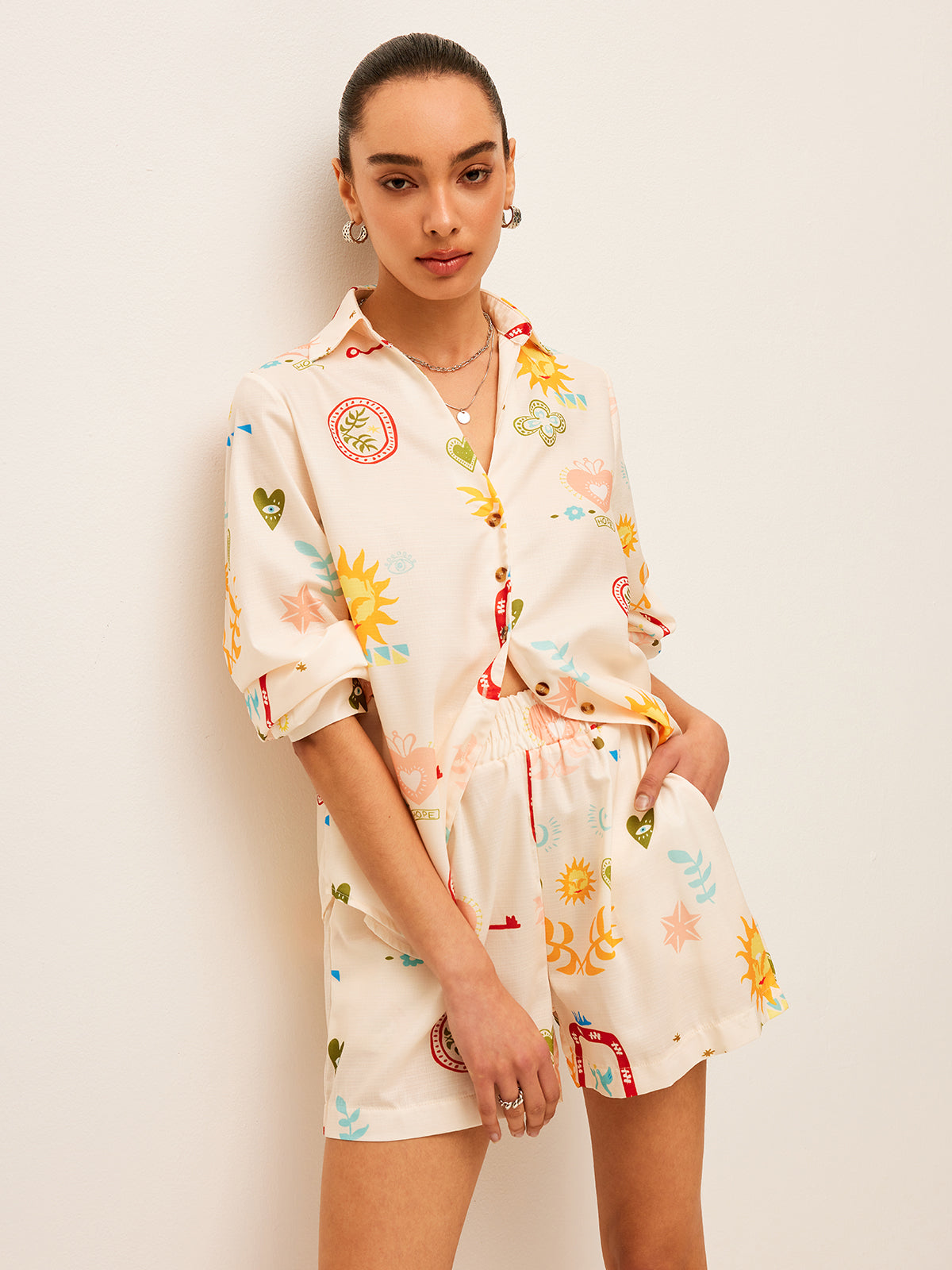 Pleated Pattern-Print Shorts Set - Chic Rio
