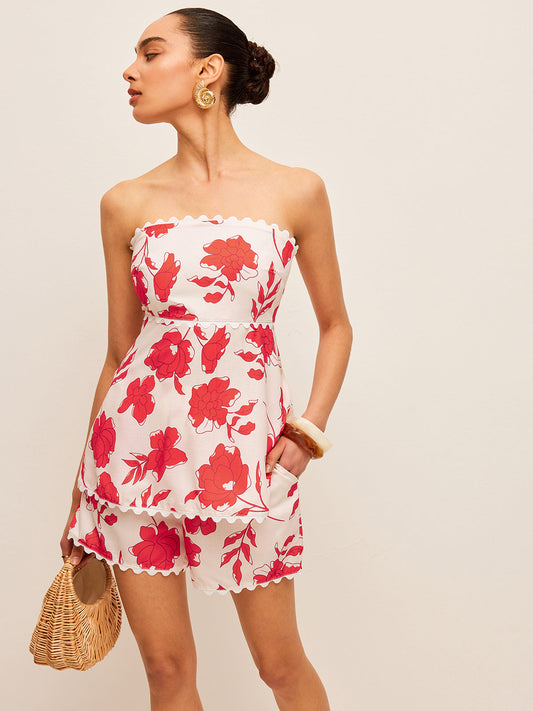 Floral Strapless Top With Pockets Shorts Set - Chic Rio